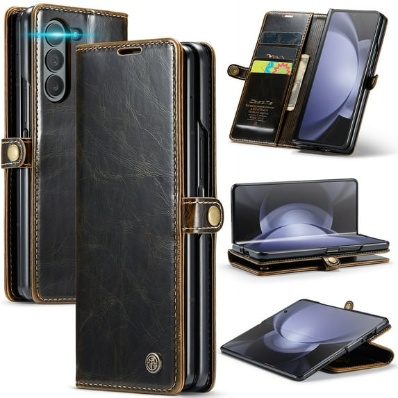 SaniMore for Samsung Galaxy Z Fold 3 (7.6" 2021) Case, PU Leather Auto-magnet Full Protection Flip Kickstand Card & Cash Slots, Retro Shockproof Anti-fall Wallet Business Shell, Brown