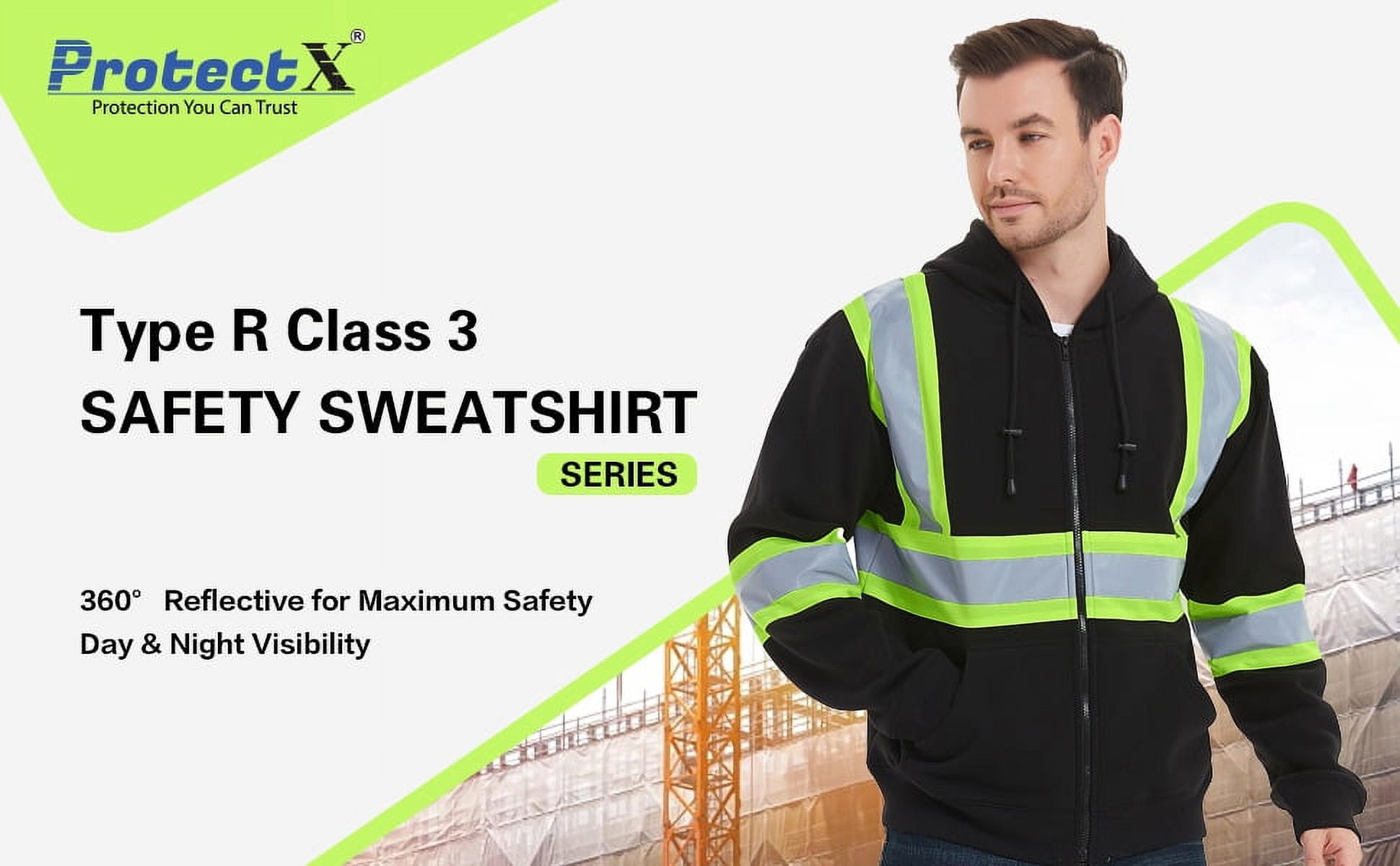 ProtectX High Visibility Safety Sweatshirt for Women Men, Class 3 Hi Vis Hoodie with large Pocket, Hooded Full-Zip Reflective Sweatshirt for Work & Construction, Black, 3X Large