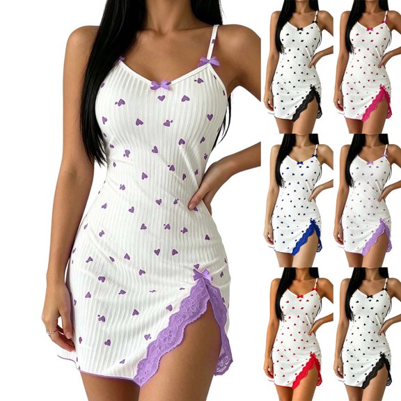 Hrsba Ladies Solid Color Nightgowns,V Neck Sleeveless Lace Short Robe Home Nightgown