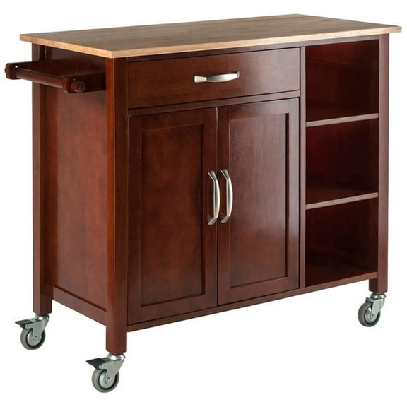 Pemberly Row 35.43"H Transitional Solid Wood Kitchen Cart in Walnut/Natural