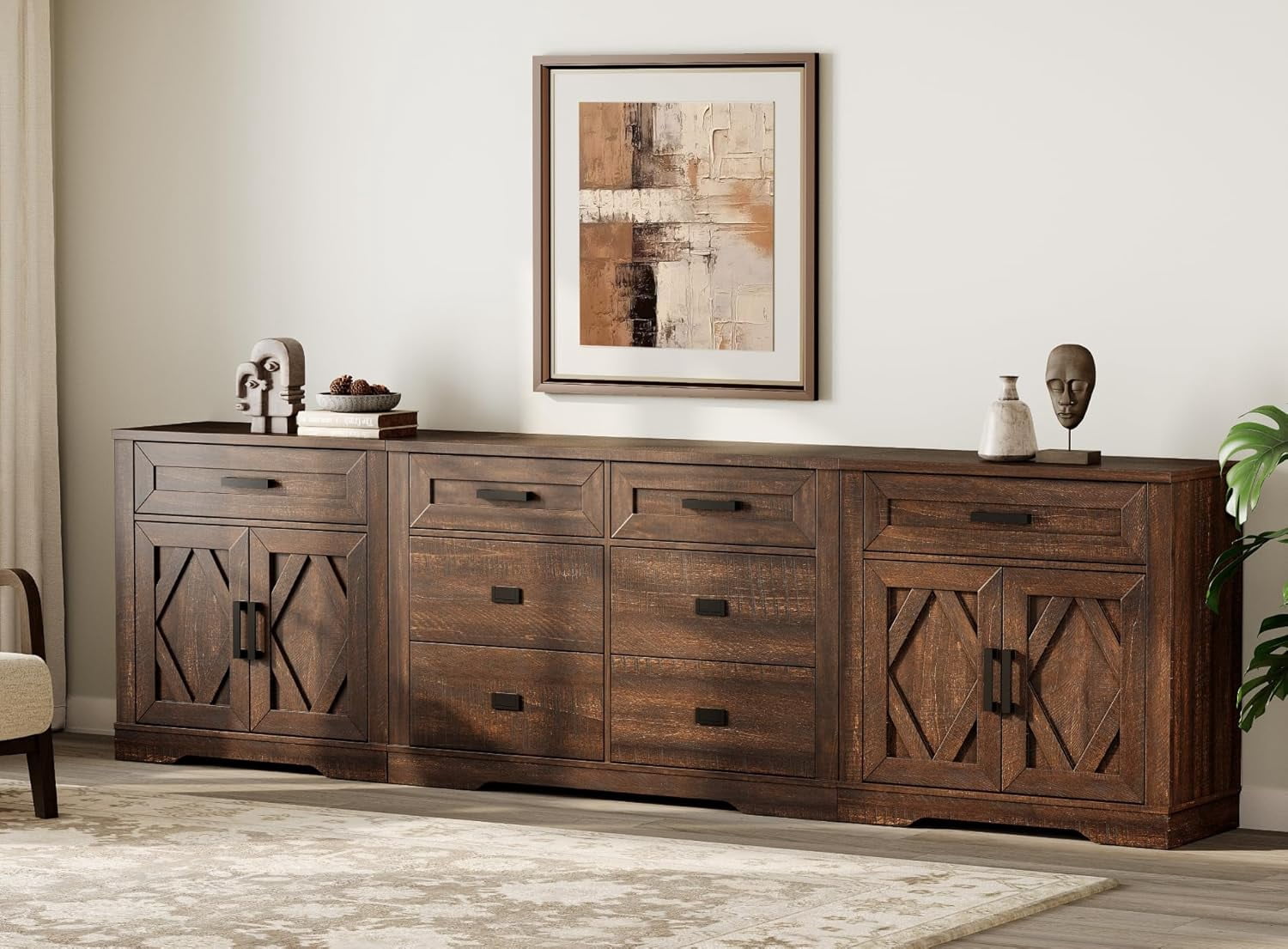 WAMPAT 110"W Large TV Stand,3-in-1 Farmhouse Entertainment Center with Storage Barn Door Cabinet,TV Console Table With Media Cabinet and Drawers for Living Room,Bedroom,Rustic Brown