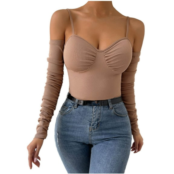 cfhntfmh Crop Tops for Women Summer Trendy Ruched Long Sleeve Camisole Ribbed Knit Cold Shoulder Clubwear Clothes