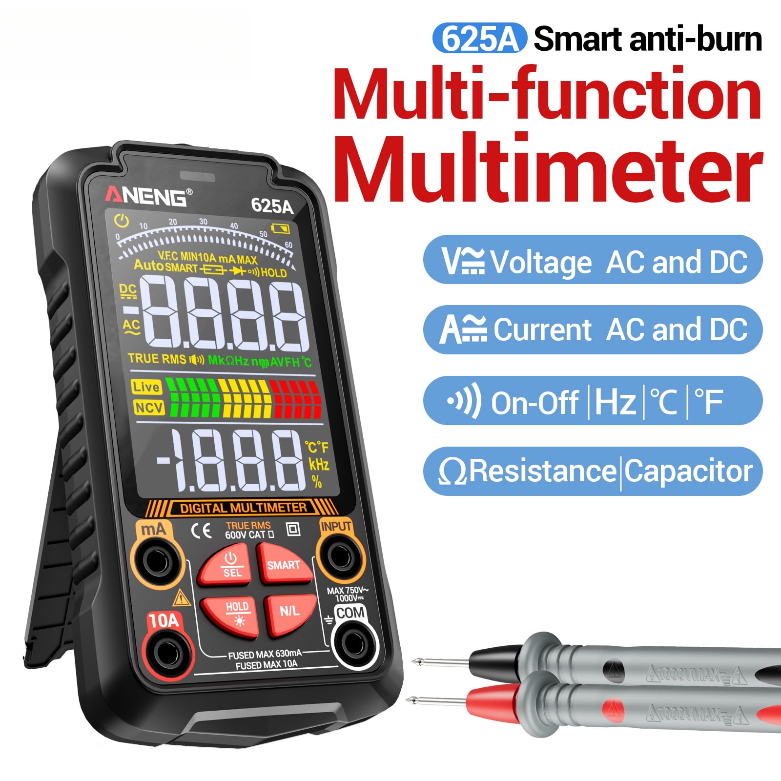 625A Intelligent Digital Multimeter - Rechargeable 6000 Count Multi-Function Tester for Electricians & DIY Maintenance | Auto Power-Off, Data Hold