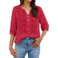 thumbnail image 4 of Babysbule Women's Cotton Embroidered Notch V-Neck Elbow Length Sleeve Casual Boho Top for Daily and Weekend Wear, 4 of 5