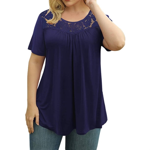 Qarigey Camiseta de mujer Túnica plisada Top Cuello Manga corta Blusa de encaje de encaje de manga corta Prendas para la parte del cuerpo Azul oscuro SG Qarigey AP003108-39