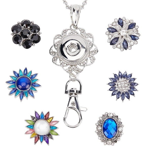 1 Box ID Badge Lanyard Snap Button Lanyards Flower Rhinestone Lanyard Necklace Badges Holder Kit Interchangeable Lanyards Stainless Steel Chain Cute Office Badge Holder Breakaway for Women DIY