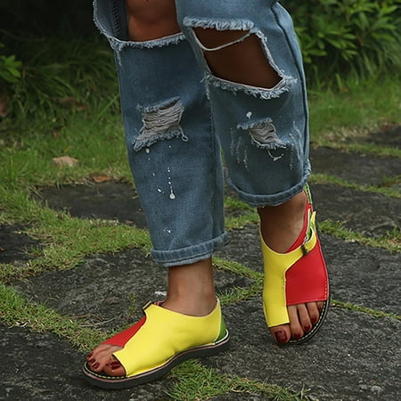 

pafei tyugd Women s Flat Sandals - Comfortable Fish Mouth Sandals Buckle Round Toe Slip-on Leather Sandal Casual Wear Cute Spring Summer Shoes Size 6