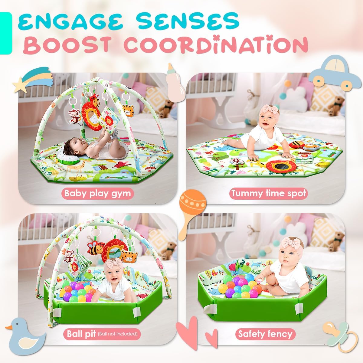 Baby Activity Gym & Play Mat with 6 Detachable Toys-Activity Gym for Visual, Auditory & Motor Development-Washable Baby Activity Mat for 0-12 Month Infants(Animal Theme)