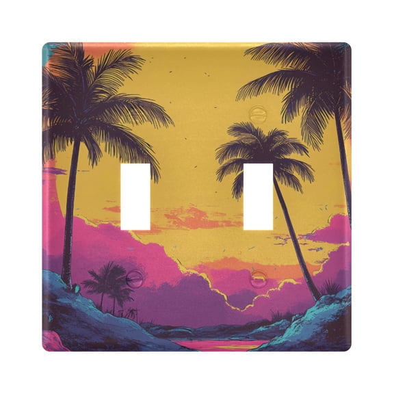Haosy Light Switch Cover Plate 2 Gang Electrical Outlet Covers Retro Palm Trees and Sunset Decorate Wall Plate 4.56”x4.48”