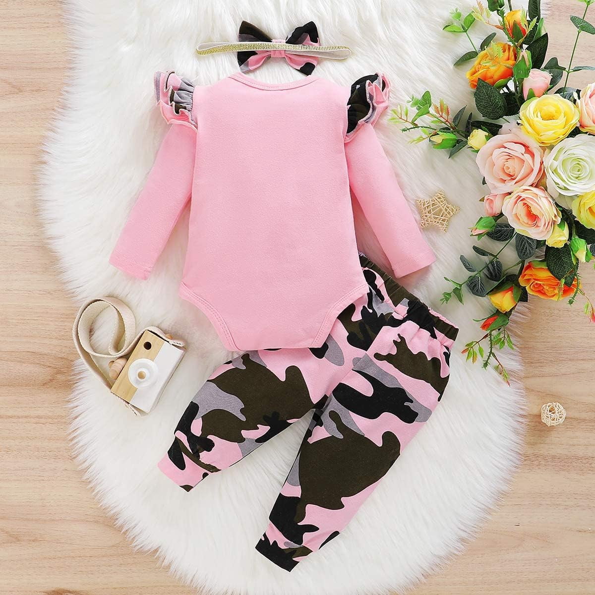 SUCS Newborn Baby Girl Clothes Infant Girl Outfits Long Sleeve Ruffle Romper  Floral Pants Headband Set