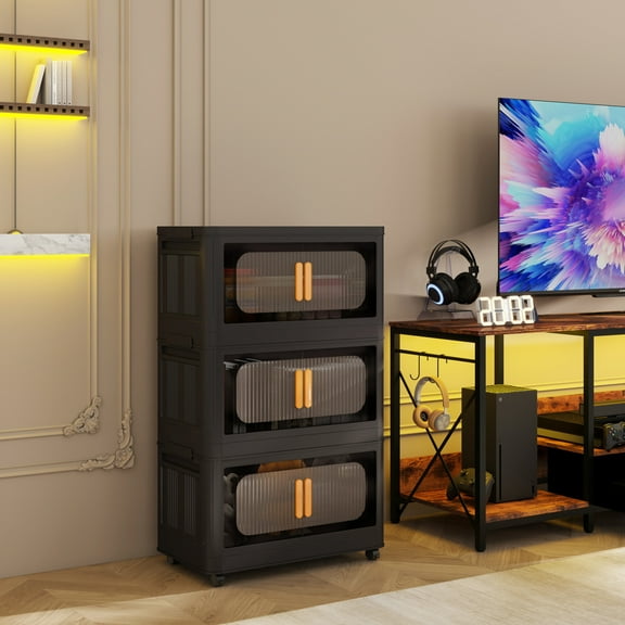 Noble House 24" Folding Storage Cabinet, 4-Tier Plastic Organizer, Collapsible Bins with Magnetic Doors & Wheels, Black