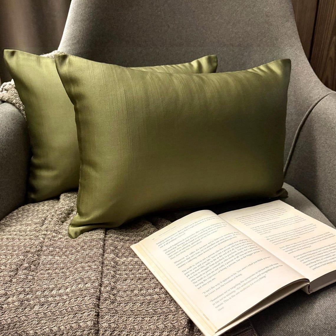 Olive Green Luxury Lumbar Pillow Cover 12"x16" | Pack of 2 Modern Satin Oblong Pillow Cover Solid | Plain Solid Pillowcases for Bed, Couch & Sofa, Modern Home Décor - Dark Green Olive Slub Satin