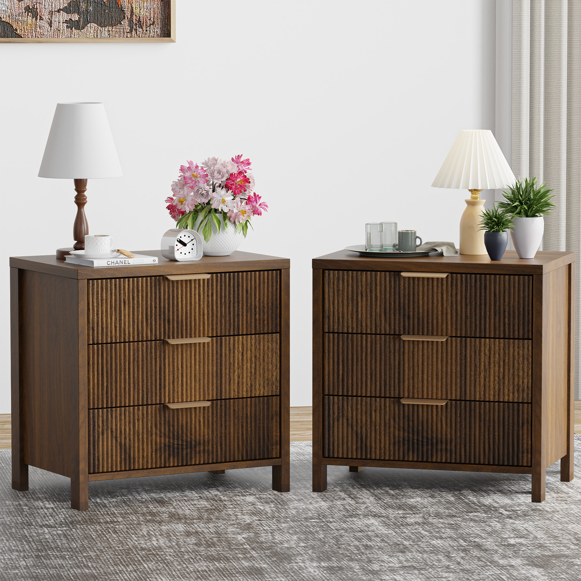 Fluted Nightstand Set of 2 with 3 Drawers, Mid-Century Modern Bedside Table, 23.7'' Wide Wood End Table for Bedroom, Walnut Finish
