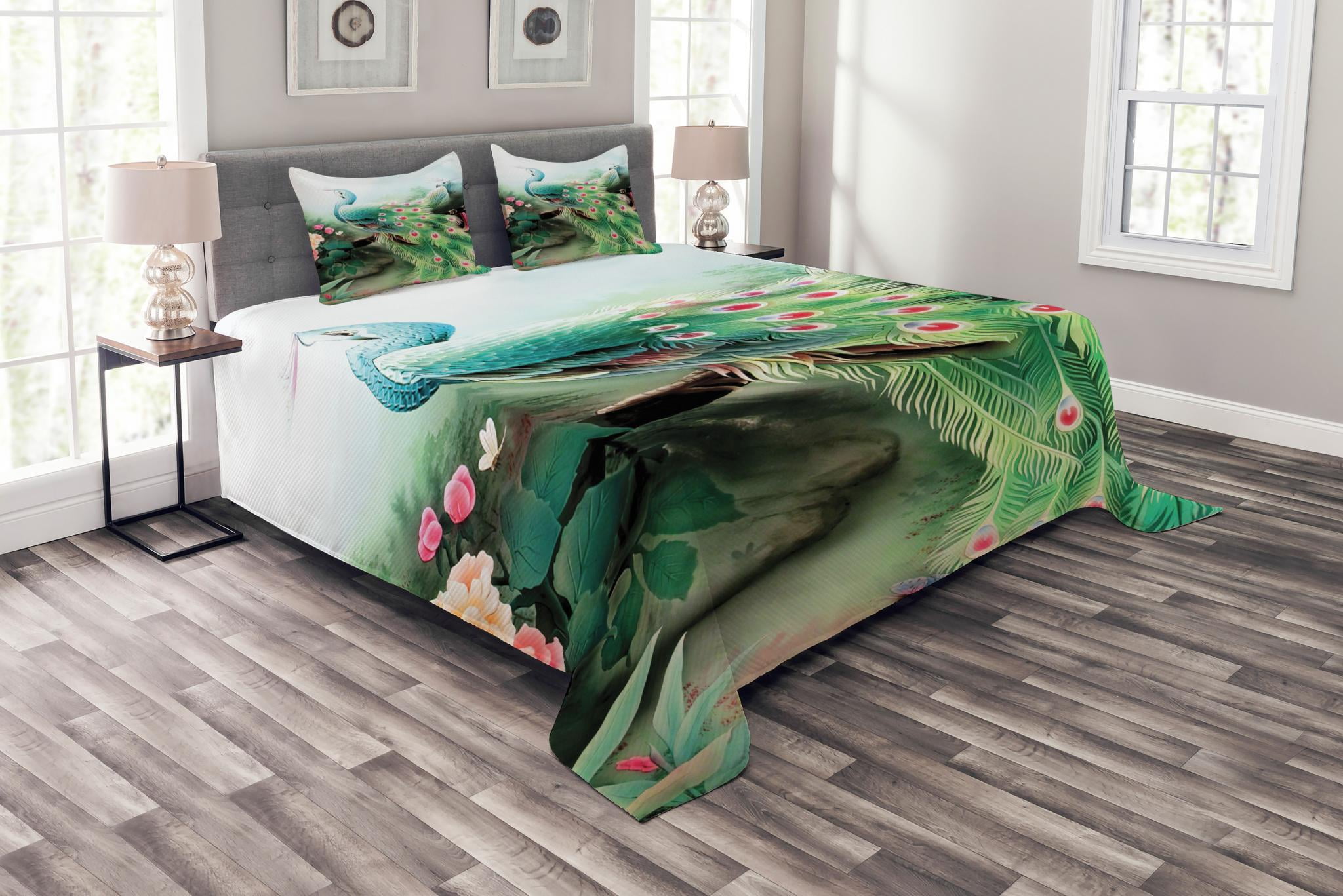 Peacock Bedspread Set Queen Size, Summer Flower Fantasy Garden in