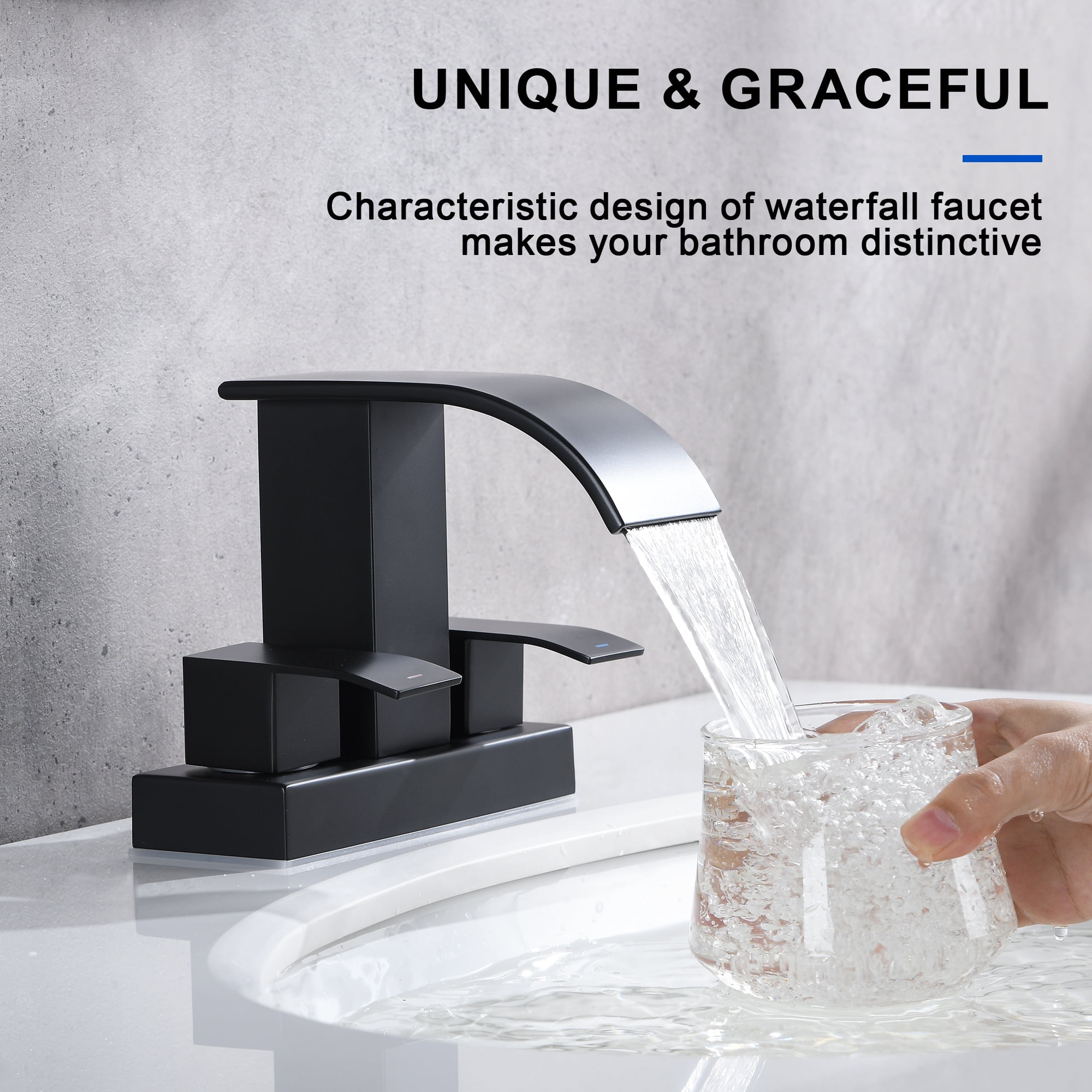 Waterfall Bathroom Faucet - 2 Handle 4 Inch Centerset Faucet for Lavatory Bathroom Sink, with cUPC Faucet Supply Line Hoses for Bathroom Restroom Vanity Lavatory, Matter Black