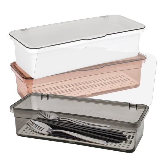 3 Pieces Flatware Tray with Lid and Drainer, Clear Silverware Organizer, Stackable Tableware Utensil Drawer Organizer to Keep Your Cutlery Organized and Protected (Gray, Brown, White)