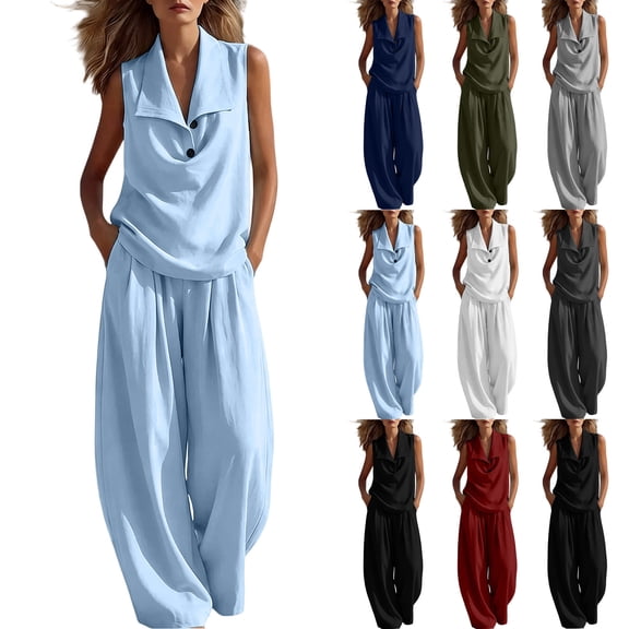 Women's 2 Piece Lounge Outfits Lapel Collar Cowl Neck Sleeveless Tank Tops and Baggy Wide Leg Pants Lightweight Vacation Outfits White