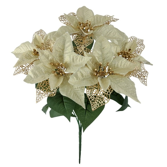 Mainstays Indoor 18" Artificial Poinsettias Gold Leaves Bush, Cream Color.
