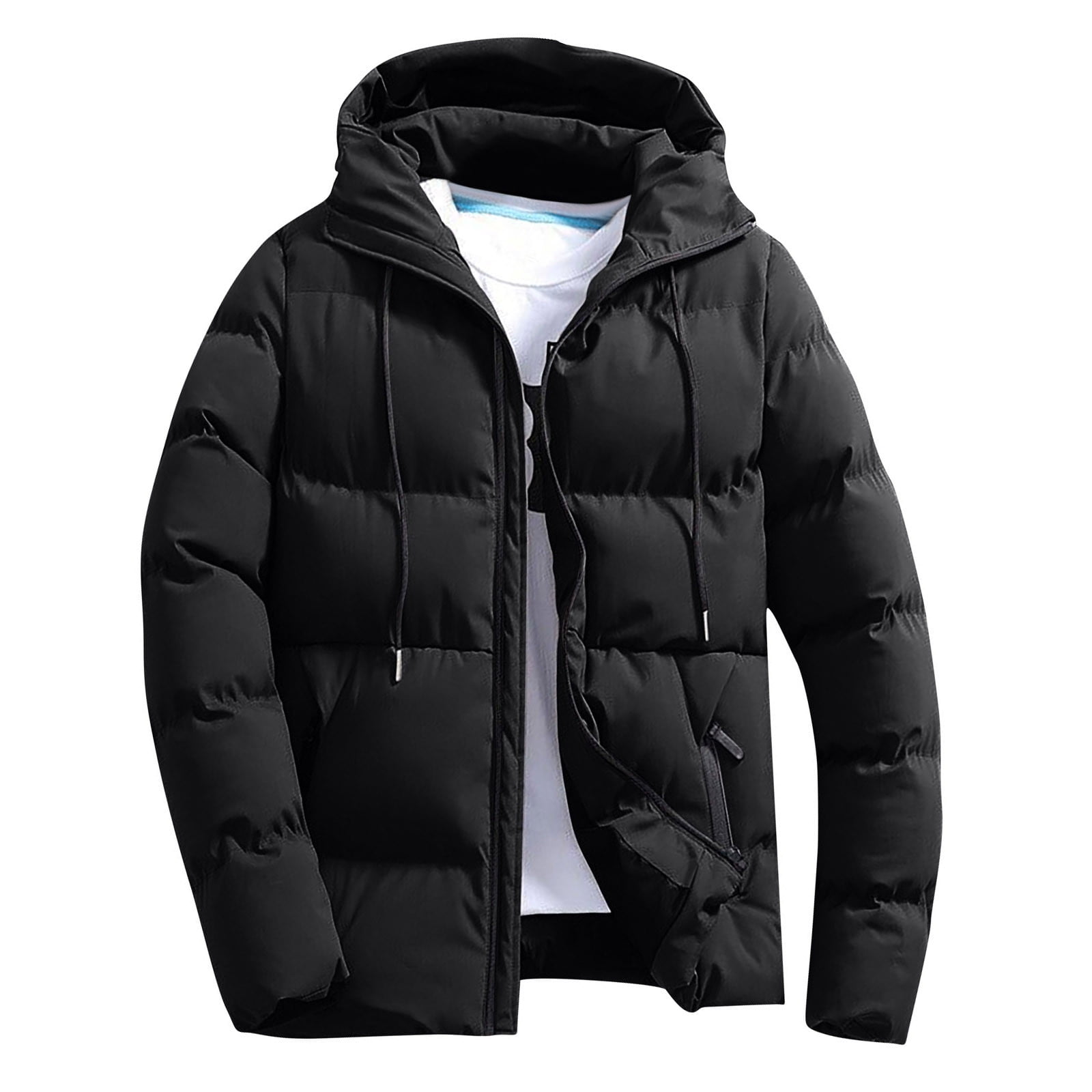 BiZtdJrK Men's Big and Tall Warm Coats Full Zip Long Sleeve Qulited Puffer Jacket Drawstring Hooded Winter Jackets with Pockets Black XXXL