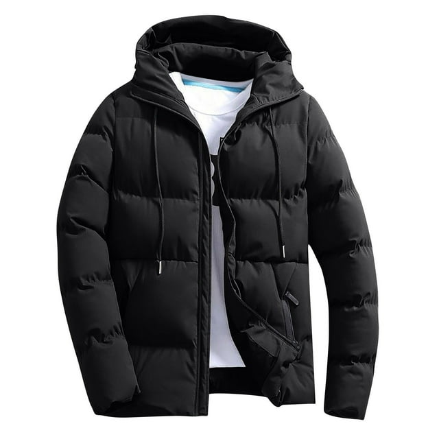 Miqool Mens Hooded Quilted Jacket Lightweight Puffer Cotton Jacket Warm Winter Coat Outerwear in black. This men's winter jacket features a quilted design, drawstring hood, zip closure, and long sleeves. Made of lightweight polyester for insulation and windproof protection. Ideal for casual wear or winter activities like skiing, hiking, or snowboarding.
