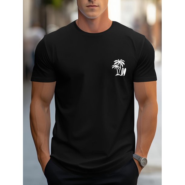 Coconut Tree & Surfing Board Print T-shirt, Stylish & Breathable Street Fashion For Men, Simple Comfy Top, Casual Crew Neck Short Sleeve T-shirt For Summer Tee For Adult, Men, Women, Teen, Teenager,