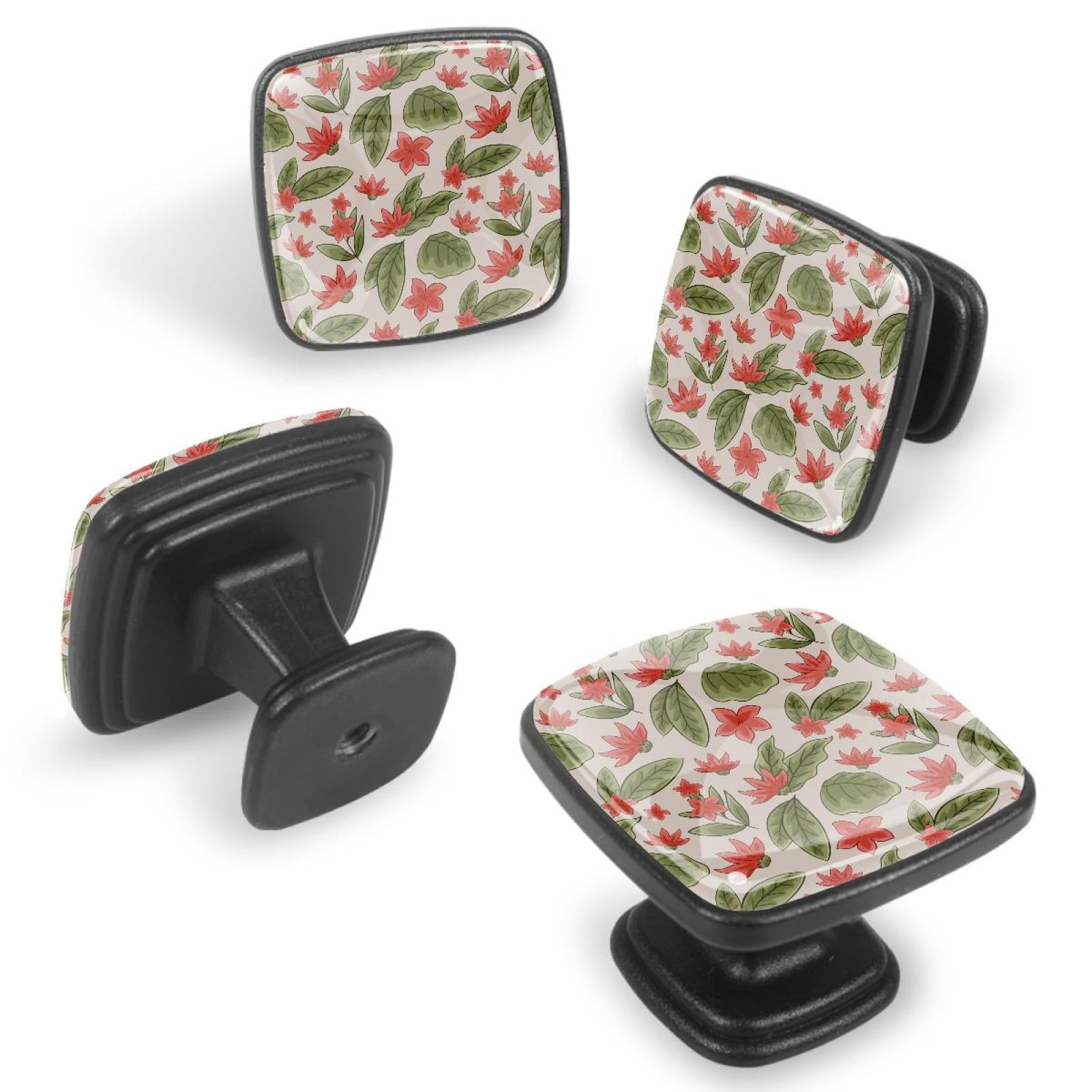 4 Pcs Cabinet Handle Drawer Pulls Botanical Flowers Leaves Knobs with Screws Square Furniture Office Cabinet Knob Decoration