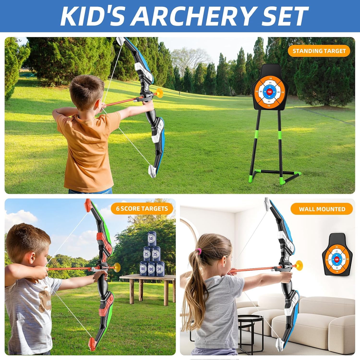 LINXUXIE Kids Bow and Arrow Set with LED Flash Lights, Archery Set with Standing Target,Indoor Outdoor Sport Gift for Boys and Girls Ages 3-12