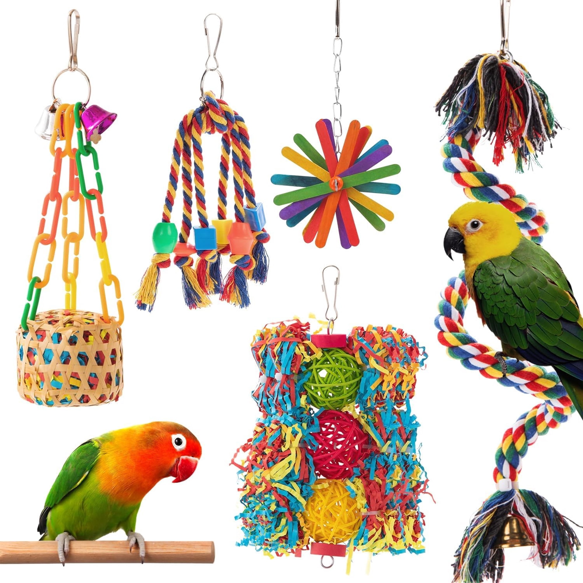 CYFW Bird Toys Parakeet Toy Parrot Chewing Shredding Foraging Toys with Rope Perch Hanging Toys Bird Cage Accessories for Cockatiel Conure Budgies Lovebird 5 Pack