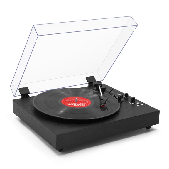 Vintage Turntable, Bluetooth Record Player, Built-in Dual Stereo Speakers, 3-Speed Belt-Drive Turntable, Record Player with Wireless Playback & Auto-Stop,Black Wood