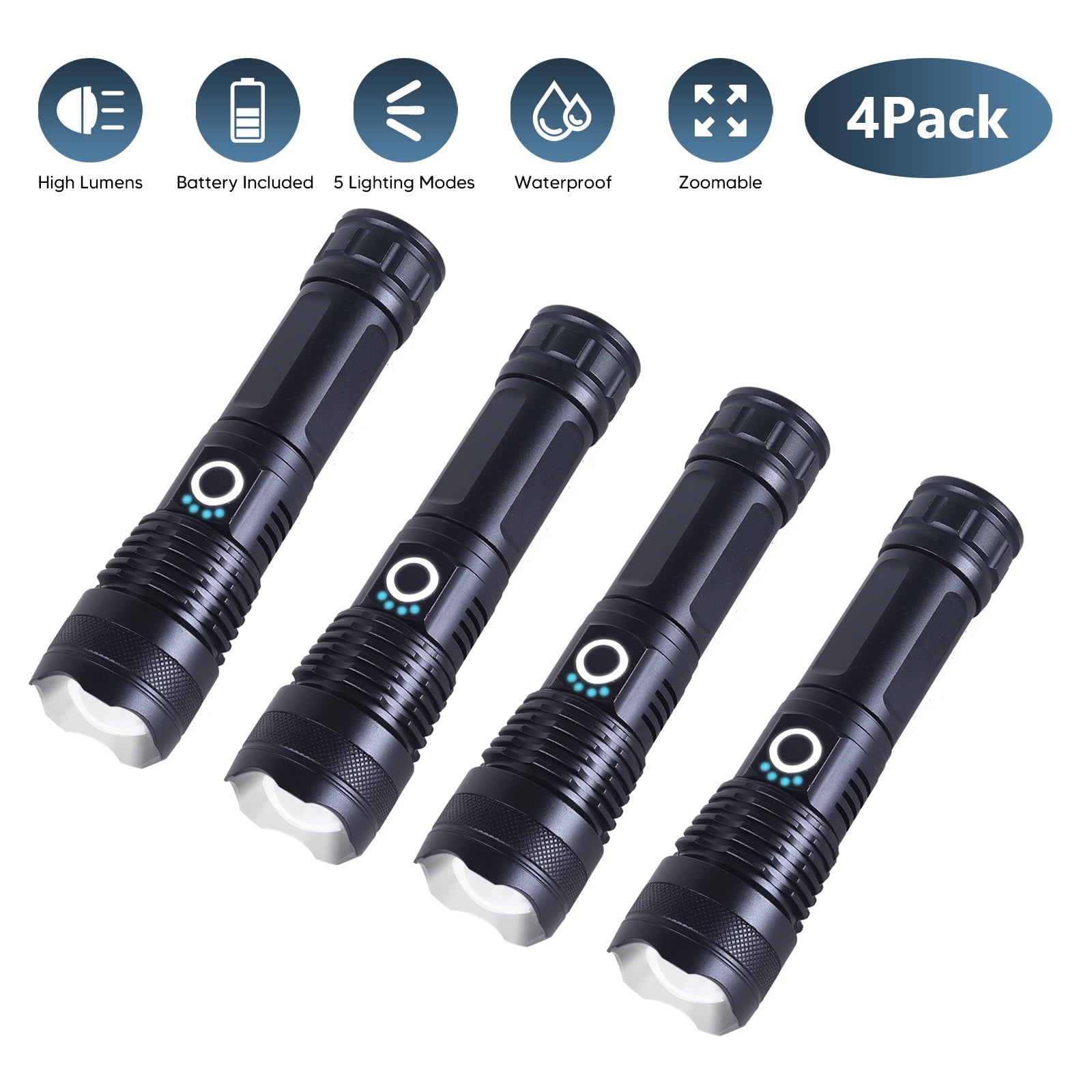 4 Pack Rechargeable LED Flashlights, 100000 High Lumens Powerful Super