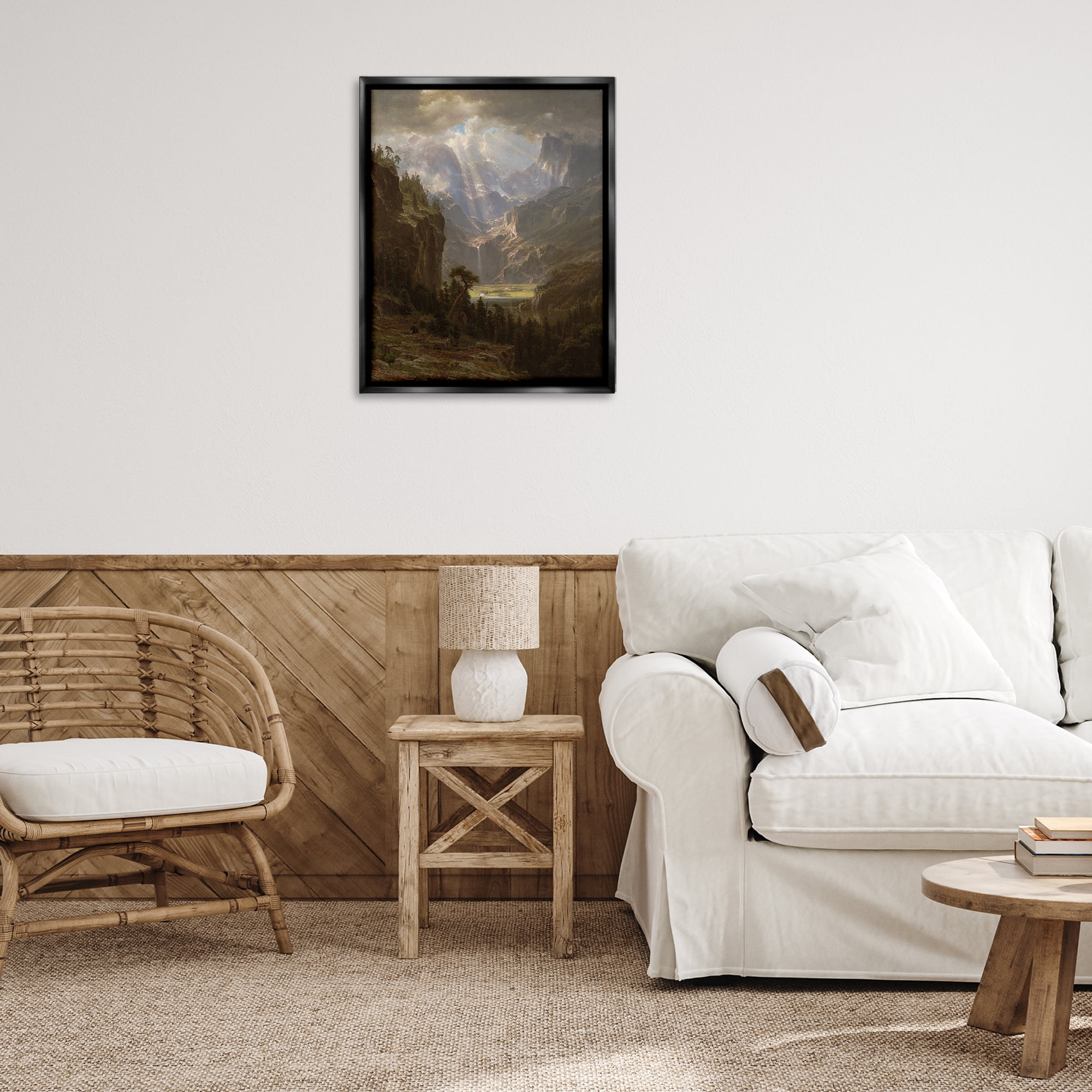 Stupell Industries Classic Bierstadt Rocky Mountains Landscape & Nature Painting Black Floater Framed Canvas Art Print Wall Art, 25 x 31