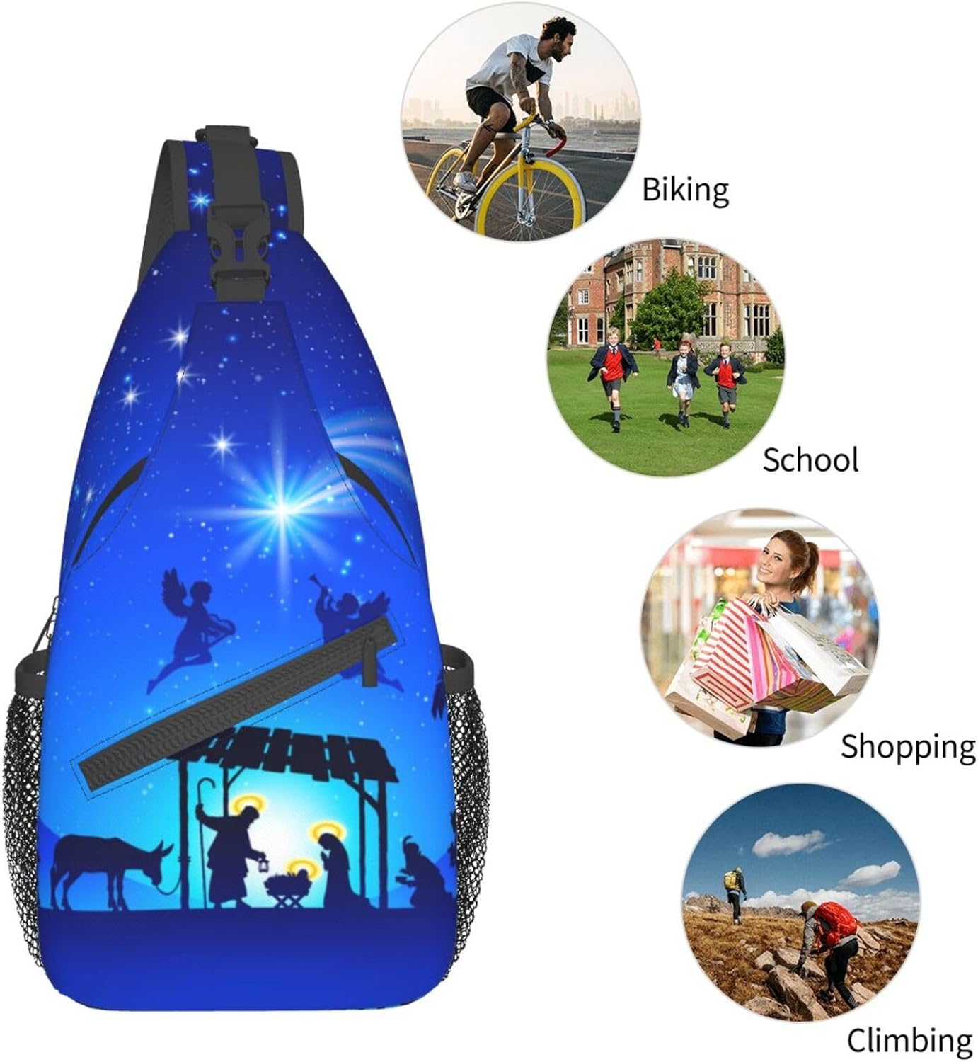 Nativity Scene Birth Of Jesus On Christmas Sling Bag Crossbody Hiking Travel Chest Bags Backpack Shoulder Daypack for Women Men