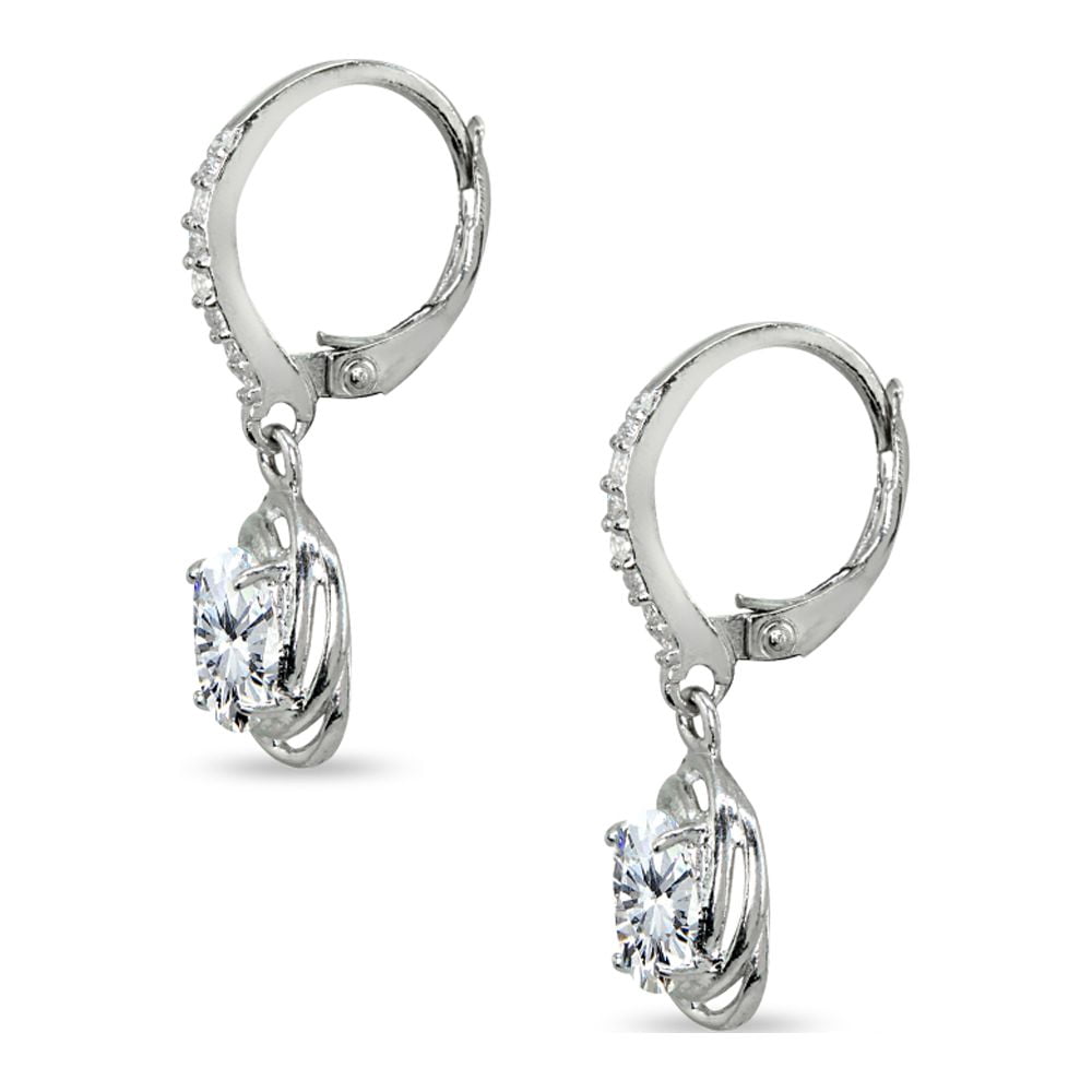 Cubic Zirconia 7x5mm Oval Love Knot Sterling Silver Leverback Dangle Earrings