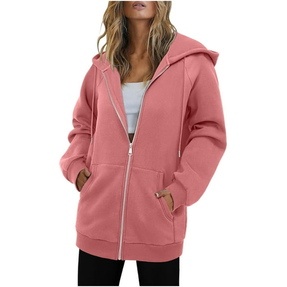 Hoodies for Women Hooded Sweatshirt Basic Zip-Up Jersey Jacket Long Sleeve Top with Pockets Plus Size Pink S