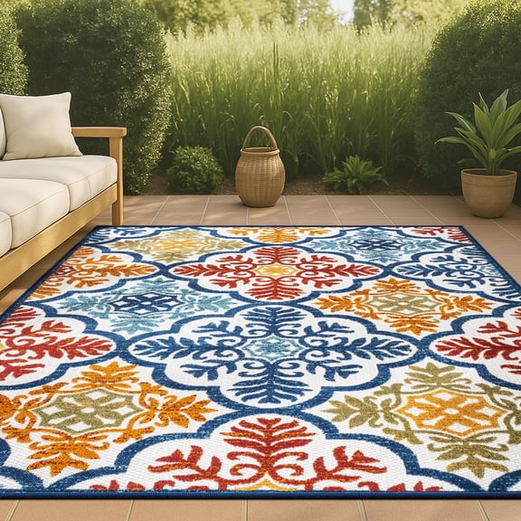 JONATHAN Y AMALFI COAST 5 x 8 Area Rug, Cassis Ornate Ogee Trellis - Blue/Multi, AMC105A-5