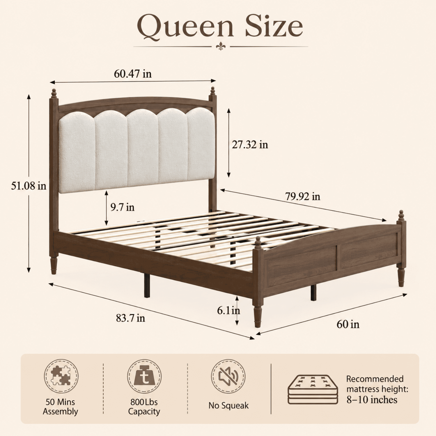 Miniyam Queen Size Farmhouse Engineered Wood Platform Bed Frame with Upholstered Headboard, Brown