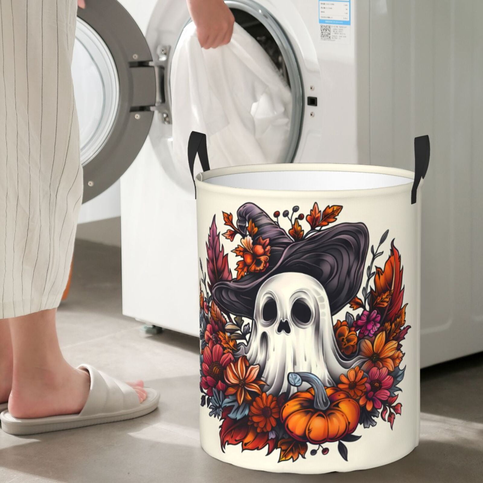 Large Laundry Basket with Handles - Halloween Pumpkin Flower Ghost Kids Baby Dirty Clothes Laundry Hamper for Bedroom Aesthetic