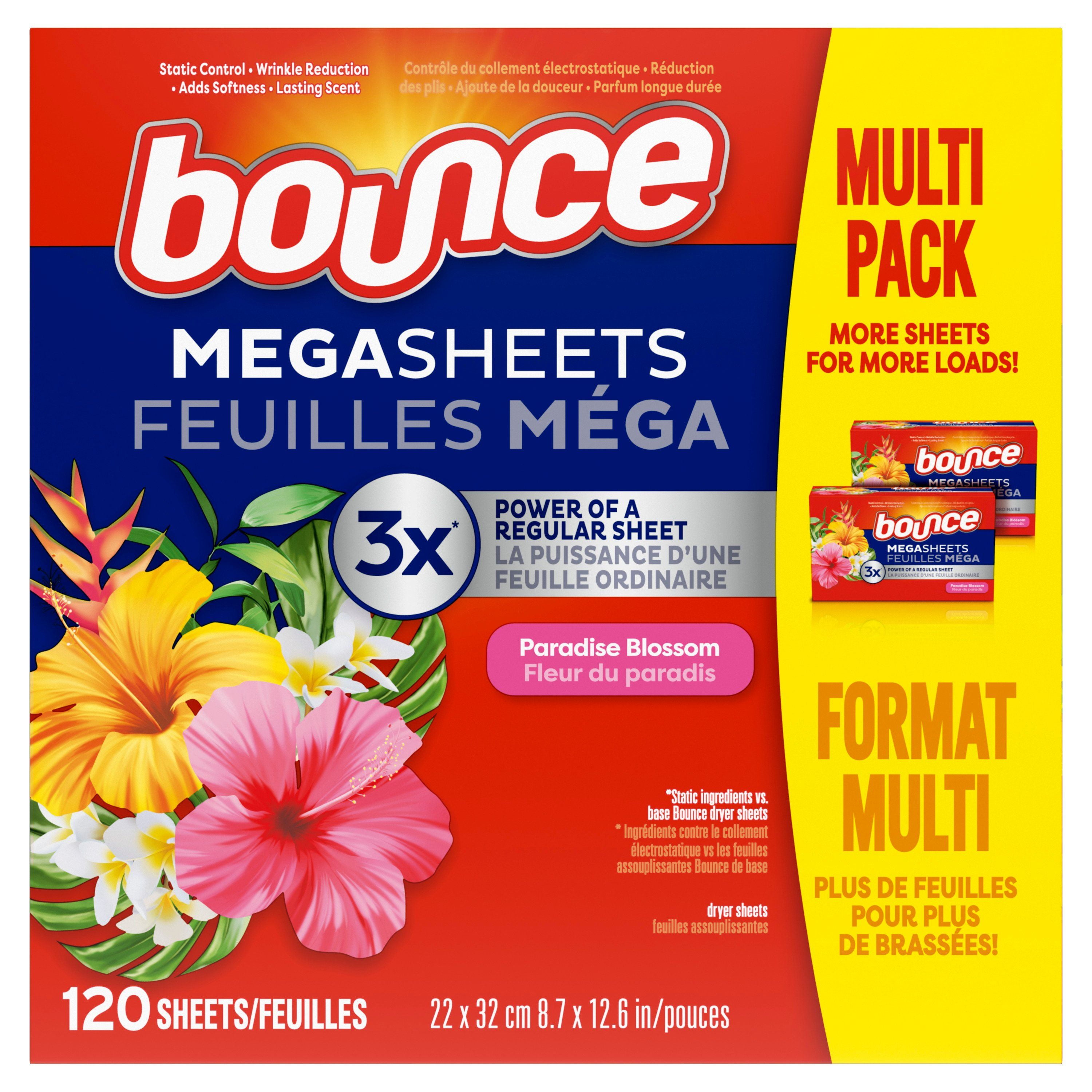 Bounce Mega Dryer Sheets, Paradise Blossom, Mega Fabric Softener Sheets with Static Control, Wrinkle Reduction, Extra Softness, Lasting Scent, Repels Lint, 120 Count