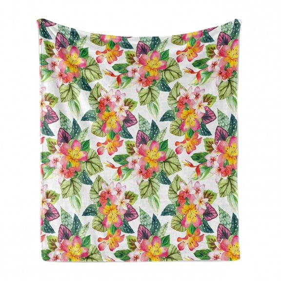 Floral Soft Flannel Fleece Throw Blanket, Tropical Composition of Flowers and Exotic Palm Leaves Plumeria Strelitzia, Cozy Plush for Indoor and Outdoor Use, 60" x 80", Multicolor, by Ambesonne