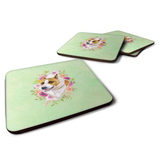 Carolines Treasures CK4274FC Bull Terrier Green Flowers Foam Coaster Set of 4 3 1/2 x 3 1/2 multicolor