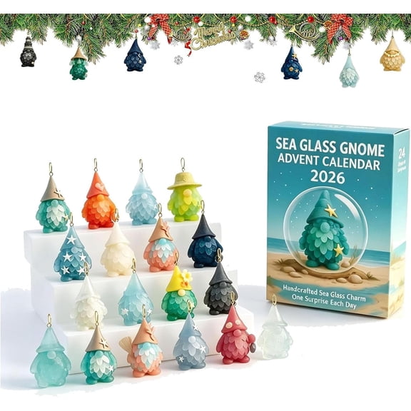 Sea Glass Advent Calendar , 24 Days Beach Themed Gnome Charms Countdown Gift Box, Nautical Coastal Hanging Ornament Surprise Set for Christmas Holiday Home Decor (2D Acrylic)