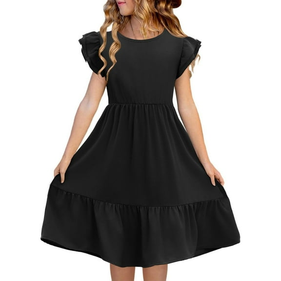 Tiweut Girls Dresses Boho Kids Summer Fly Sleeve Crew Neck Double Layer Ruffle Sleeve Classic Fit Dress 5-6 Y