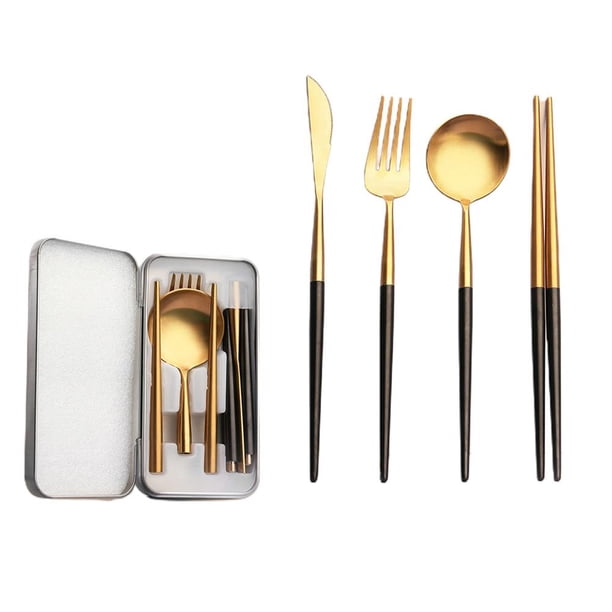 Juego Completo De Cubiertos De Acero Inoxidable Portátil Y Reutilizable Utensilios De Viaje Para Acampar Juego De Cubiertos Con Caja De Hierro 4 En 1 Cubiertos Para Acampar Oficina De Picnic qarigey OD016138-02