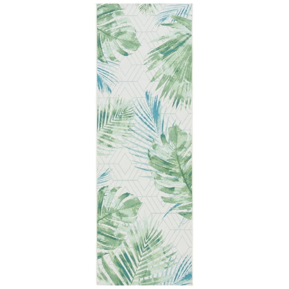 SAFAVIEH Barbados Distressed Palm Leaves Outdoor Runner Rug, Green/Teal, 2'8" x 10'5"