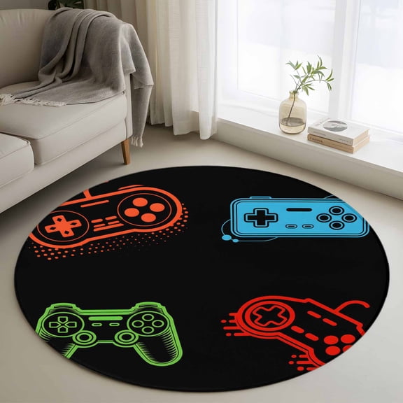 Round Area Rug 3ft, Game Controller Non-slip Area Rugs for Living Room/Bedroom/Bathroom/Kitchen, Modern Art Gaming Handheld Black Washable Throw Floor Mat Indoor Outdoor Entrance Doormat