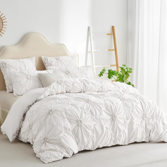 3PCS Luxury French Cottage 3D Handcrafted Ruched Flower Duvet Cover Queen, Neutral Cream Textured Floral Bedding Set, Premium Soft Washed Fabric Romantic Coquette Bedroom Decor