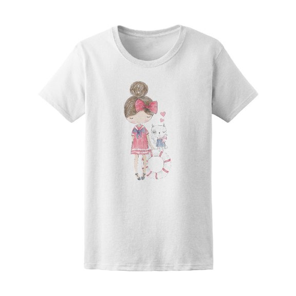 Cute Cartoon Girl With Cat Tee Women's -Image by Shutterstock