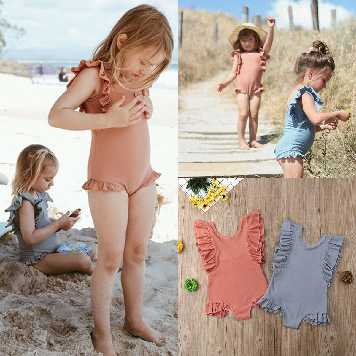 Cuekondy Toddler Baby Girl Kids One Piece Swimsuit Rashguard Long Sleeve Floral Print Ruffle Swimwear Beach Bathing Suit
