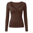 thumbnail image 5 of XPMWRP Womens Long Sleeve Twist Front V Neck T Shirts Slim Fit Trendy Solid Color Spring Casual Tops Tee Brown XL, 5 of 5