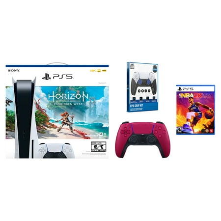 Sony Playstation 5 Disc Horizon Forbidden West with NBA 2K23, Extra Controller and FPS Grip Kit Bundle - Cosmic Red